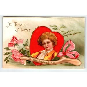 Ellen Clapsaddle Valentine Boy Curly Hair Roses A Token of Love Postcard 948